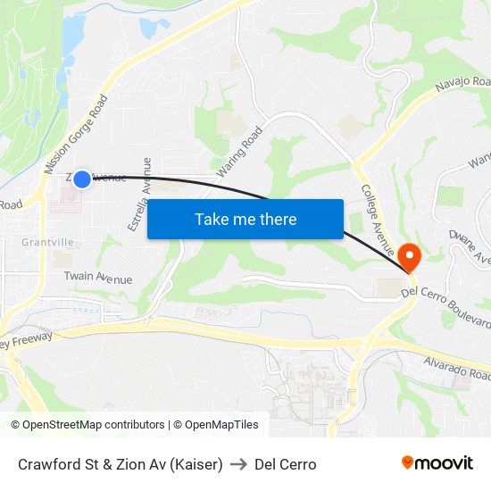 Crawford St & Zion Av (Kaiser) to Del Cerro map