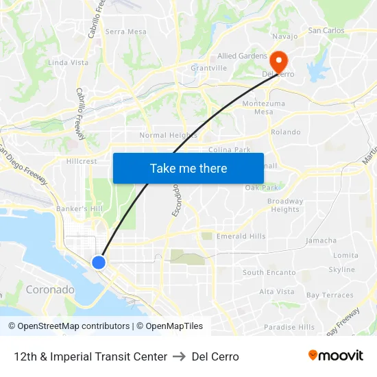 12th & Imperial Transit Center to Del Cerro map