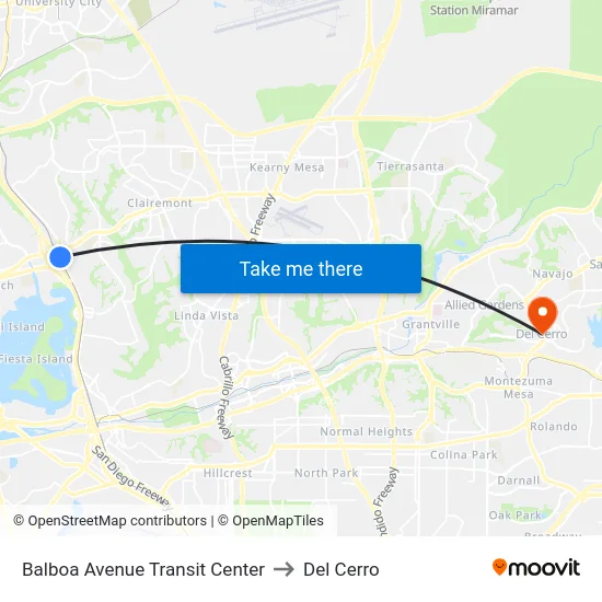 Balboa Avenue Transit Center to Del Cerro map