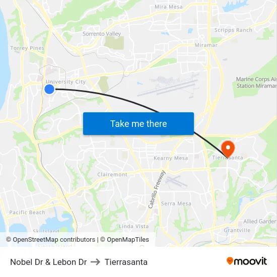 Nobel Dr & Lebon Dr to Tierrasanta map