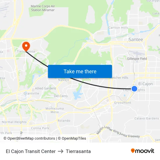 El Cajon Transit Center to Tierrasanta map