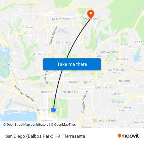 San Diego (Balboa Park) to Tierrasanta map