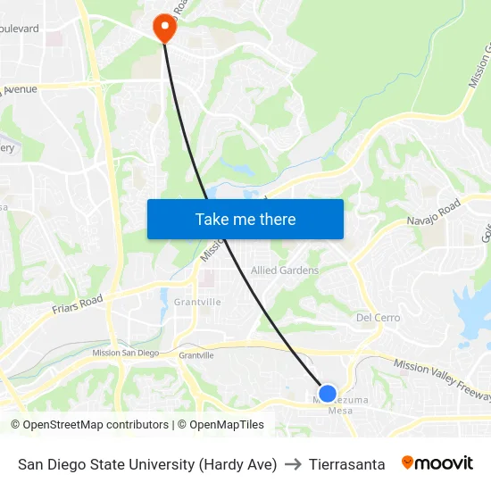 San Diego State University (Hardy Ave) to Tierrasanta map