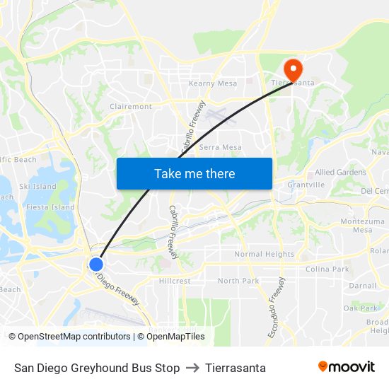 San Diego Greyhound Bus Stop to Tierrasanta map