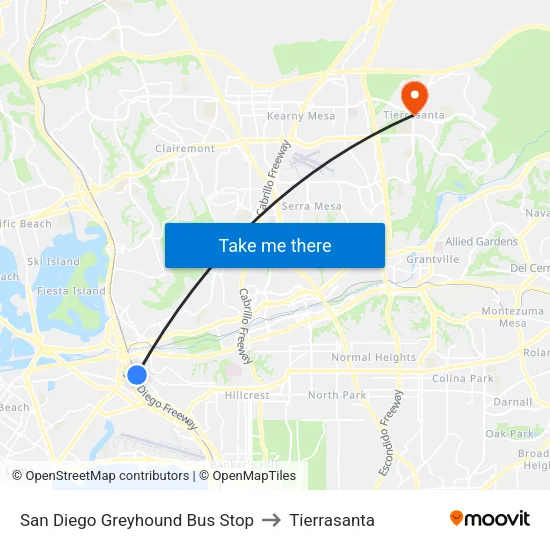 San Diego Greyhound Bus Stop to Tierrasanta map