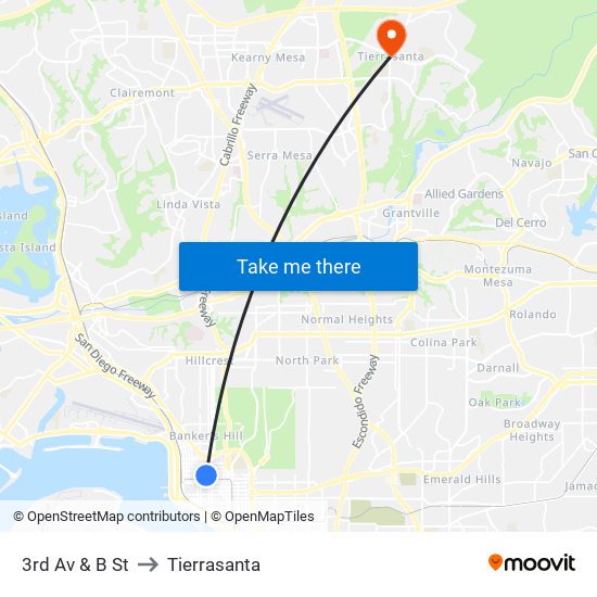 3rd Av & B St to Tierrasanta map