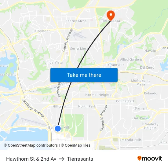 Hawthorn St & 2nd Av to Tierrasanta map