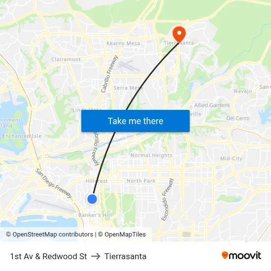 1st Av & Redwood St to Tierrasanta map