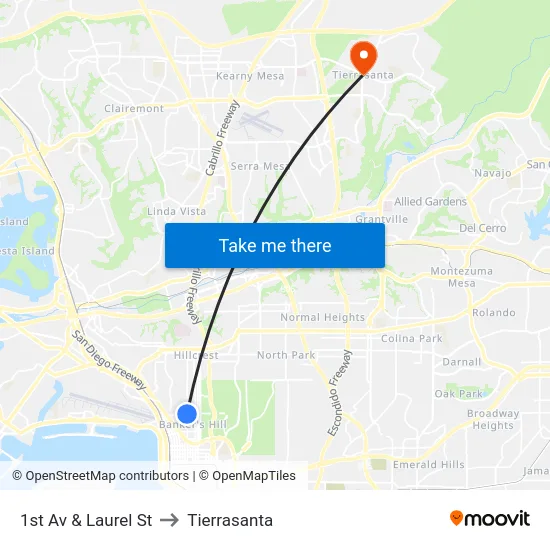 1st Av & Laurel St to Tierrasanta map