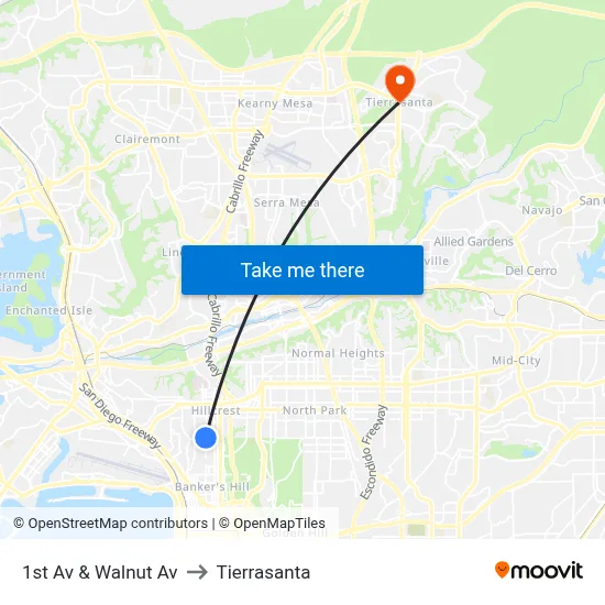 1st Av & Walnut Av to Tierrasanta map