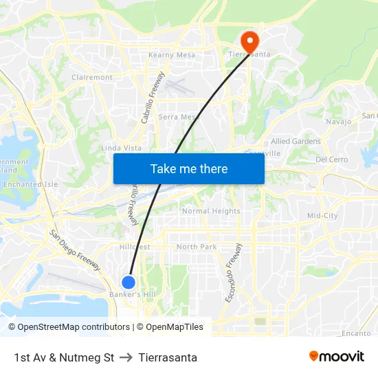 1st Av & Nutmeg St to Tierrasanta map