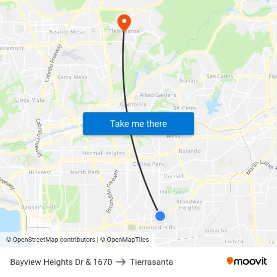 Bayview Heights Dr & 1670 to Tierrasanta map