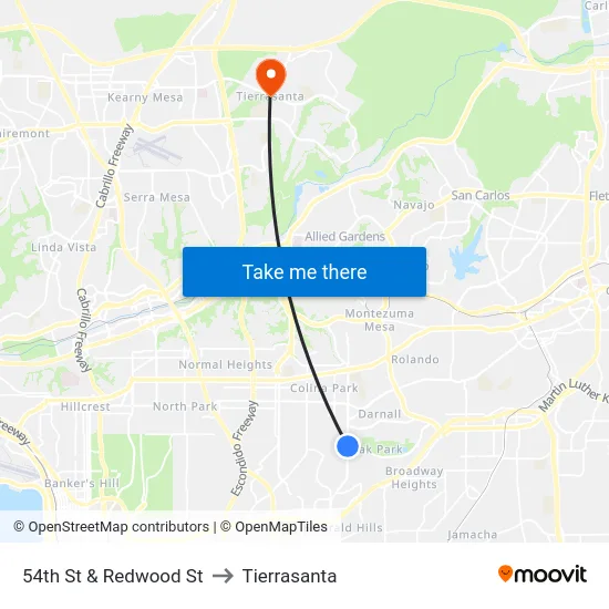 54th St & Redwood St to Tierrasanta map