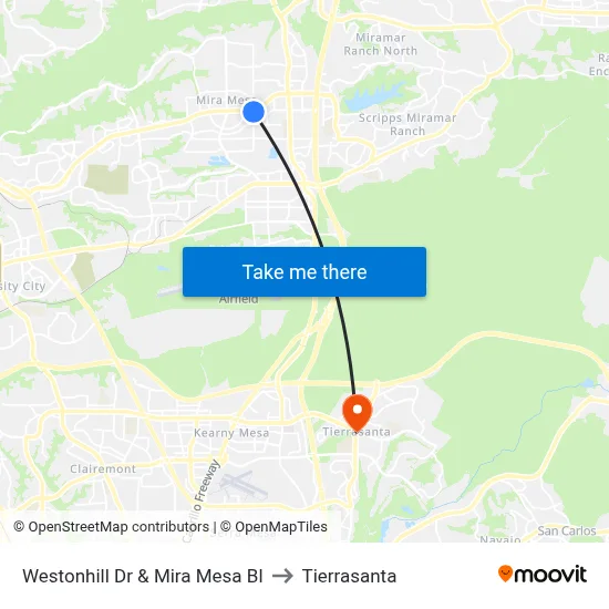 Westonhill Dr & Mira Mesa Bl to Tierrasanta map