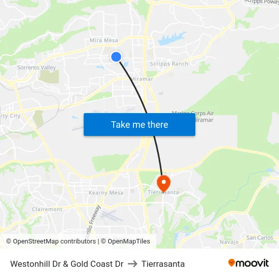 Westonhill Dr & Gold Coast Dr to Tierrasanta map