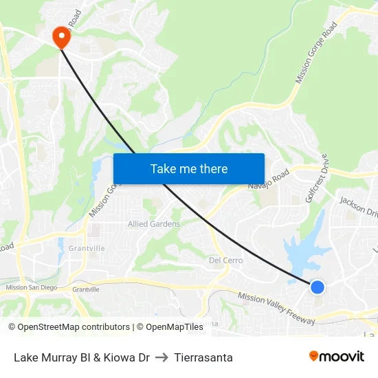 Lake Murray Bl & Kiowa Dr to Tierrasanta map