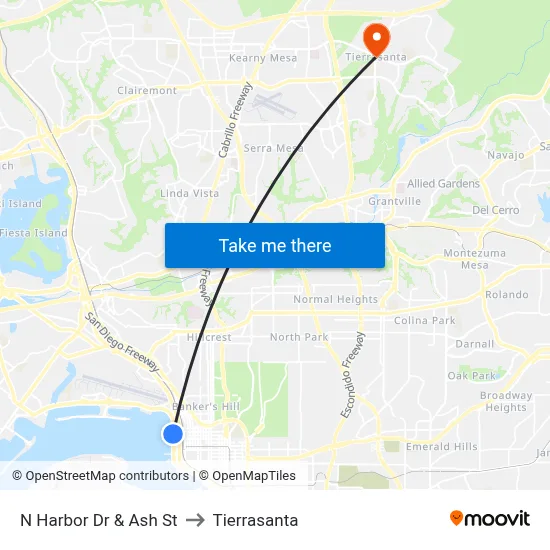 N Harbor Dr & Ash St to Tierrasanta map
