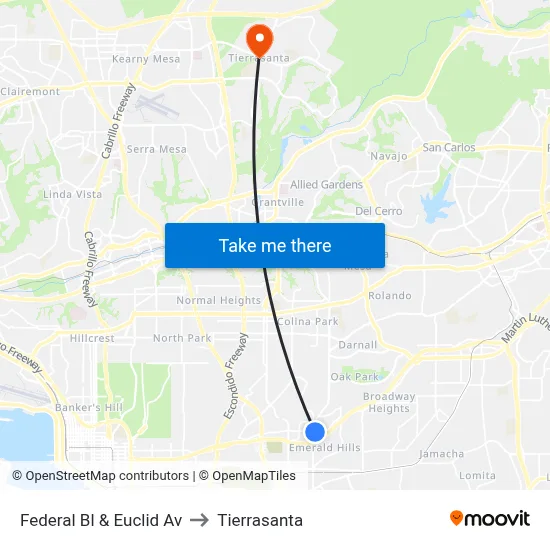 Federal Bl & Euclid Av to Tierrasanta map