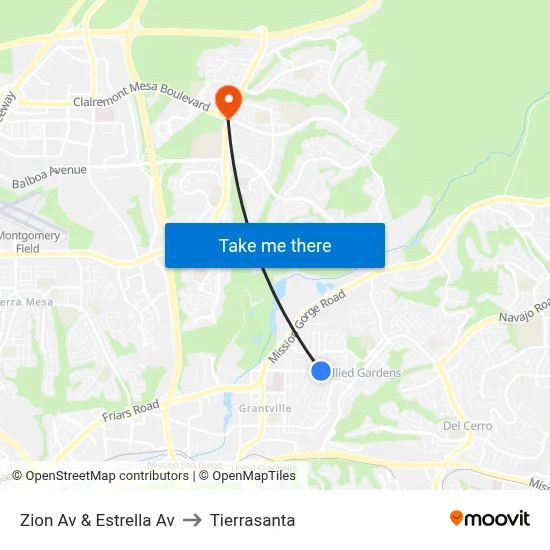 Zion Av & Estrella Av to Tierrasanta map