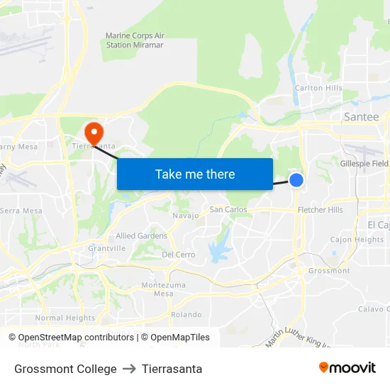 Grossmont College to Tierrasanta map