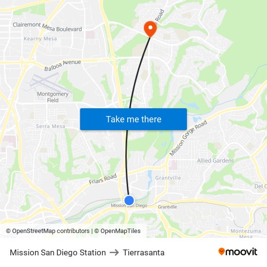 Mission San Diego Station to Tierrasanta map