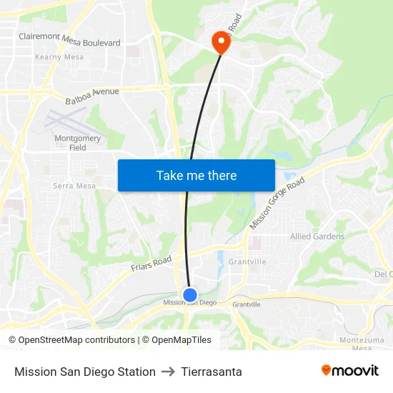 Mission San Diego Station to Tierrasanta map