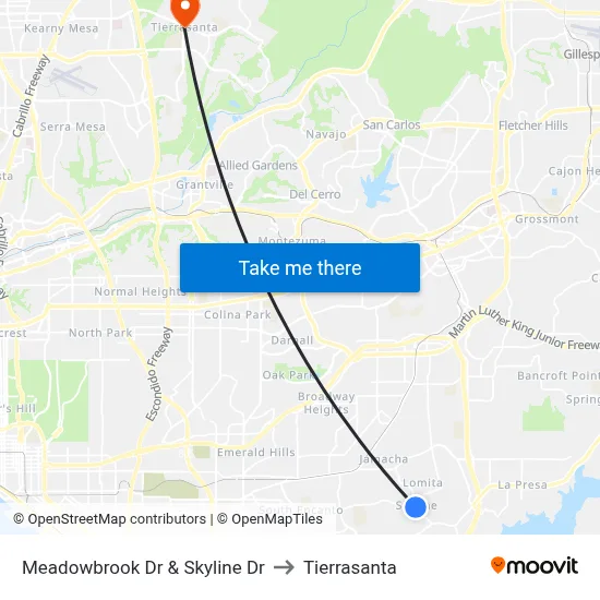 Meadowbrook Dr & Skyline Dr to Tierrasanta map