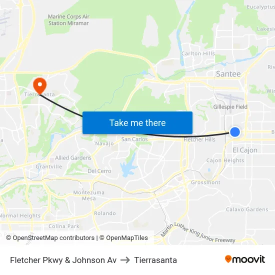 Fletcher Pkwy & Johnson Av to Tierrasanta map