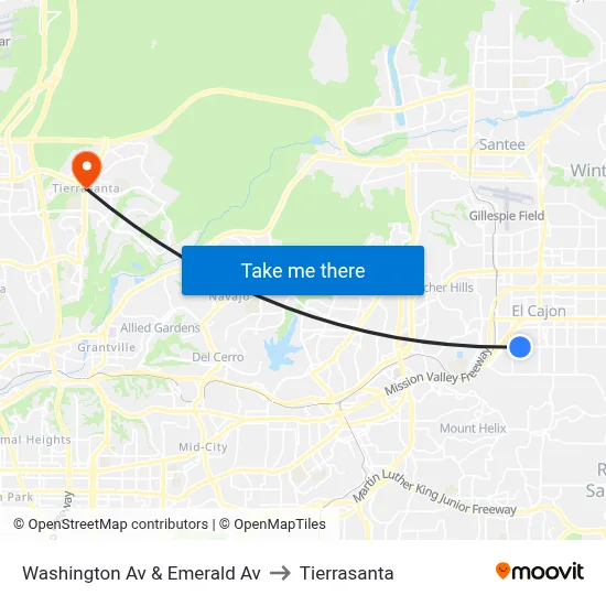 Washington Av & Emerald Av to Tierrasanta map