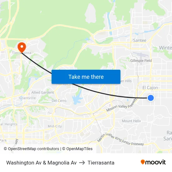 Washington Av & Magnolia Av to Tierrasanta map