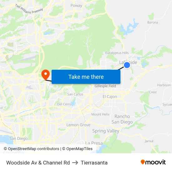 Woodside Av & Channel Rd to Tierrasanta map