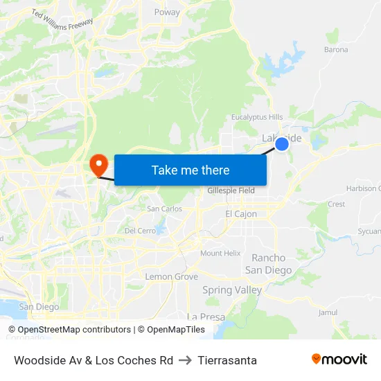 Woodside Av & Los Coches Rd to Tierrasanta map