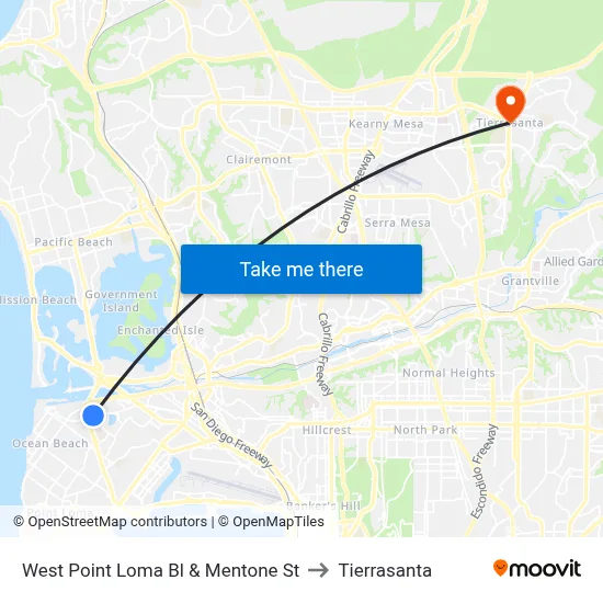 West Point Loma Bl & Mentone St to Tierrasanta map