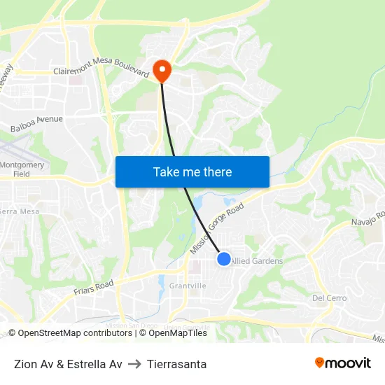 Zion Av & Estrella Av to Tierrasanta map