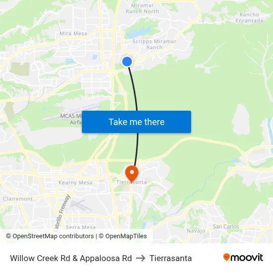 Willow Creek Rd & Appaloosa Rd to Tierrasanta map