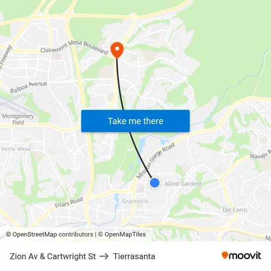 Zion Av & Cartwright St to Tierrasanta map