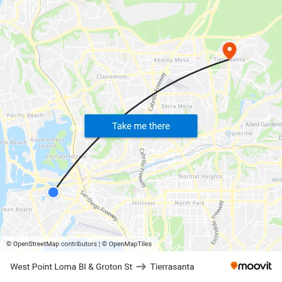 West Point Loma Bl & Groton St to Tierrasanta map