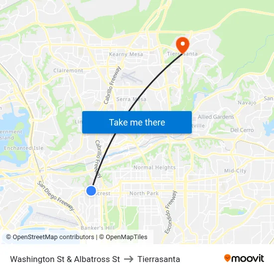 Washington St & Albatross St to Tierrasanta map