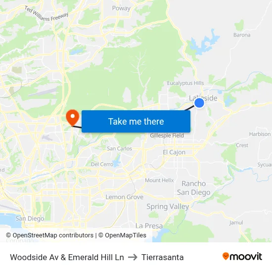 Woodside Av & Emerald Hill Ln to Tierrasanta map