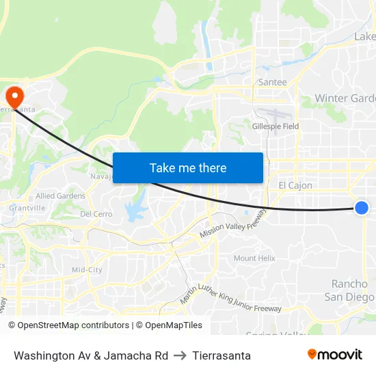 Washington Av & Jamacha Rd to Tierrasanta map