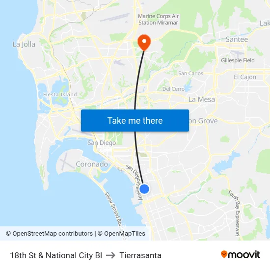 18th St & National City Bl to Tierrasanta map
