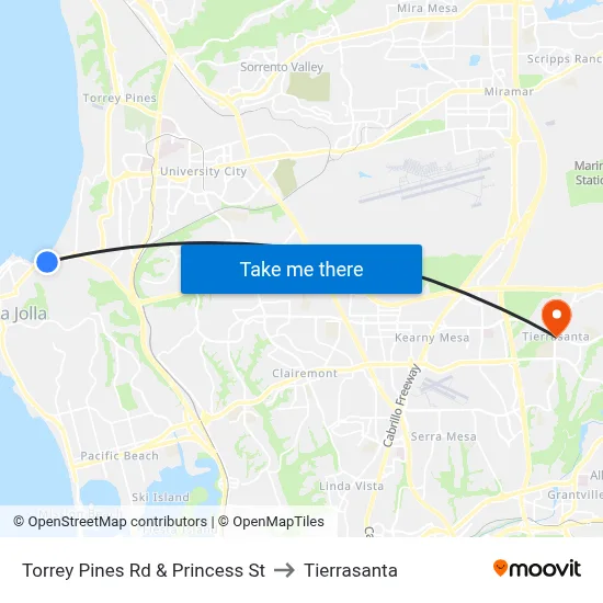 Torrey Pines Rd & Princess St to Tierrasanta map