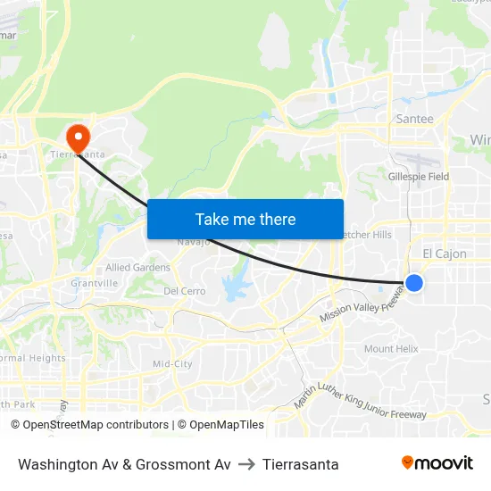Washington Av & Grossmont Av to Tierrasanta map