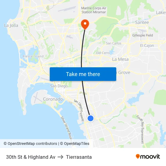 30th St & Highland Av to Tierrasanta map