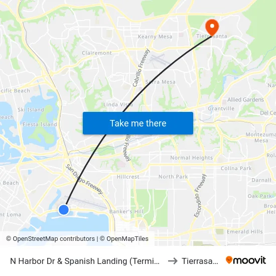 N Harbor Dr & Spanish Landing (Terminal 2) to Tierrasanta map