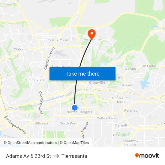 Adams Av & 33rd St to Tierrasanta map
