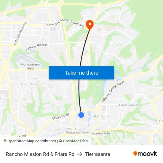 Rancho Mission Rd & Friars Rd to Tierrasanta map