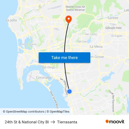 24th St & National City Bl to Tierrasanta map