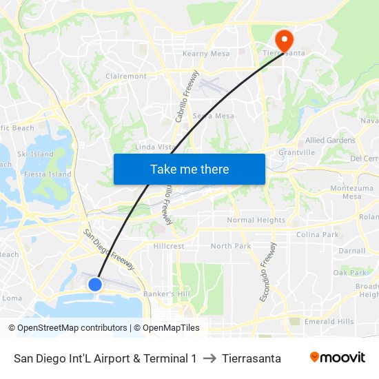 San Diego Int'L Airport & Terminal 1 to Tierrasanta map