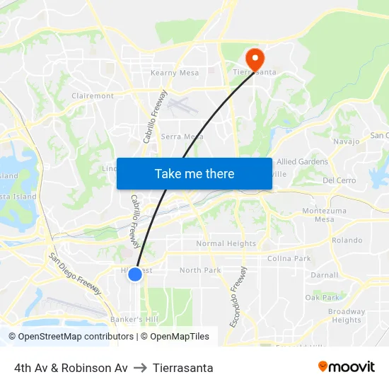 4th Av & Robinson Av to Tierrasanta map
